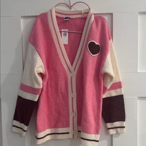 Old Navy Pink and Cream Cardigan with Heart Patch
